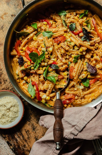 Vegan Red Pepper Pasta with Charred Corn & Basil