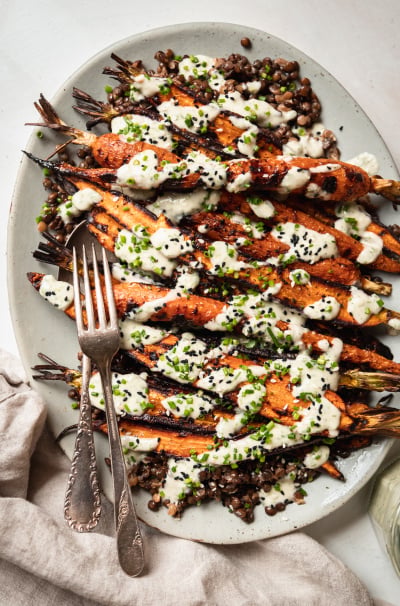 Grilled Carrots with Lentils & Roasted Garlic Chive Yogurt Sauce