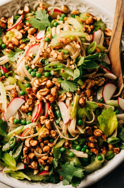Spring Rice Noodle Salad with Chili Maple Peanuts, Celery & Peas