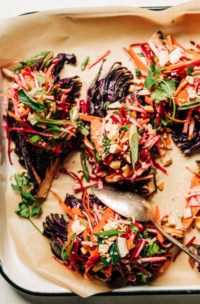 Roasted Cabbage with Ginger Lime Root Slaw & Cashews