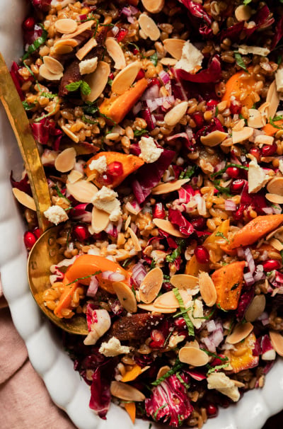 Vegan Holiday Farro Salad with Roasted Carrots, Pomegranate & Mint