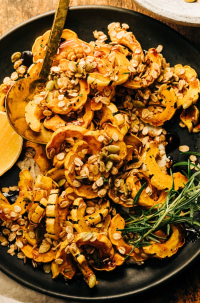 Roasted Delicata Squash with Spiced Maple & Rosemary Granola
