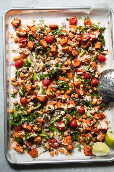 Sweet Potato & Broccoli Rabe Sheet Pan Dinner with Ginger Peanut Sauce