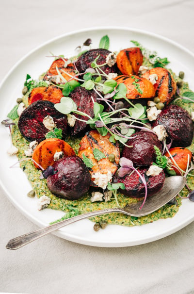 Smoky Grilled Beets with Mint & Parsley Pistachio Pesto