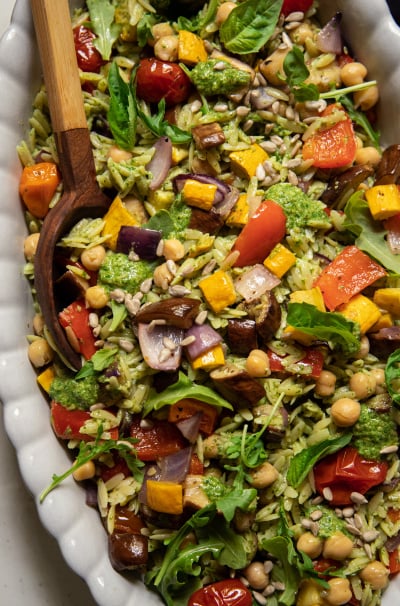 Pesto Orzo Salad with Roasted Vegetables & Chickpeas
