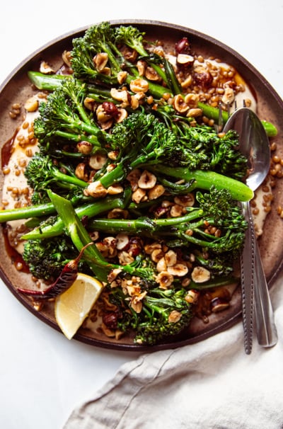 Seared Broccolini with Chili Hazelnuts, Whipped Tahini & Wheat Berries
