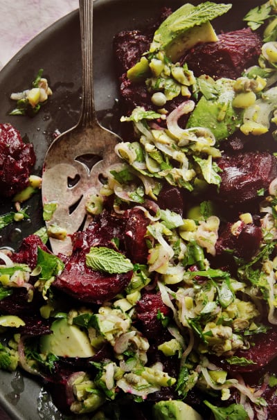 Crushed Beets with Chunky Olive & Mint Dressing