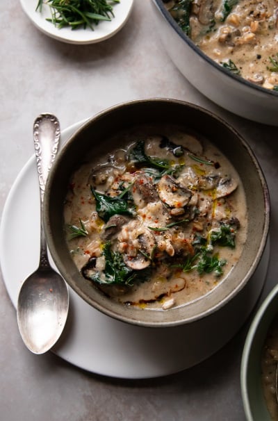 Creamy Vegan Mushroom Stew with Farro & Kale