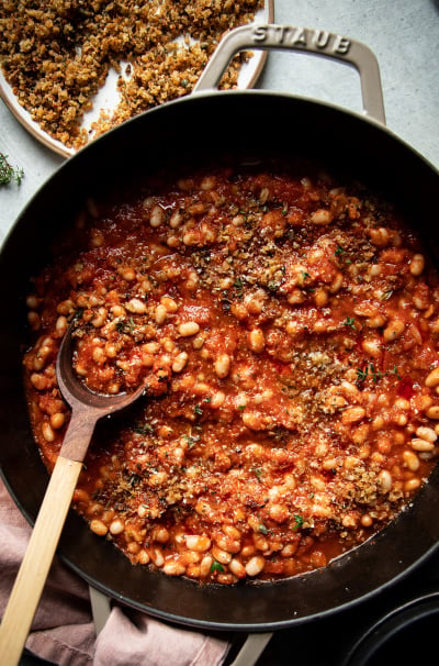 Jammy Sun Dried Tomato White Beans with Crispy Caper Breadcrumbs
