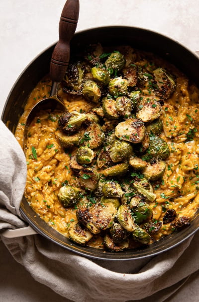 Creamy Vegan Orzo Risotto with Butternut Squash & Brussels Sprouts
