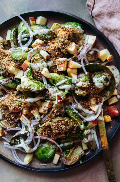 Loaded Brussels Sprouts Salad with Creamy Maple Mustard Dressing