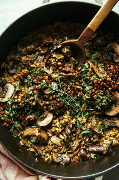 Mushroom Brown Rice Bake with Caramelized Shallots, Crispy Lentils & Gremolata