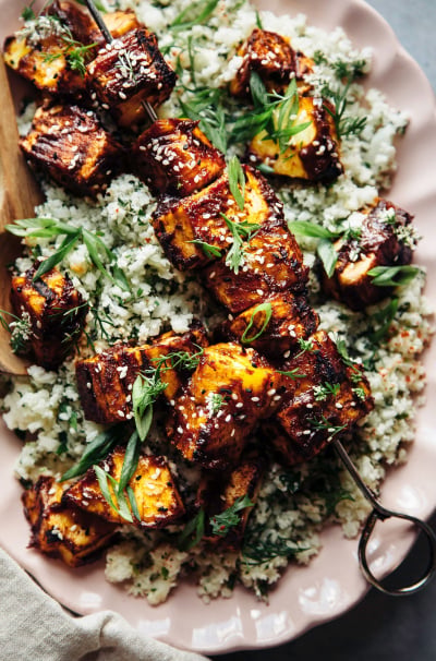 Sweet and Spicy Grilled Tofu and Pineapple with Herbed Cauliflower Rice