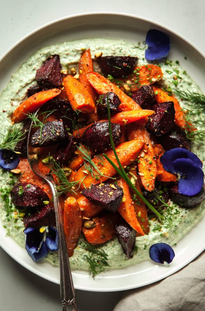 Grounding Roasted Roots with Herbed Jalapeño Yogurt Sauce