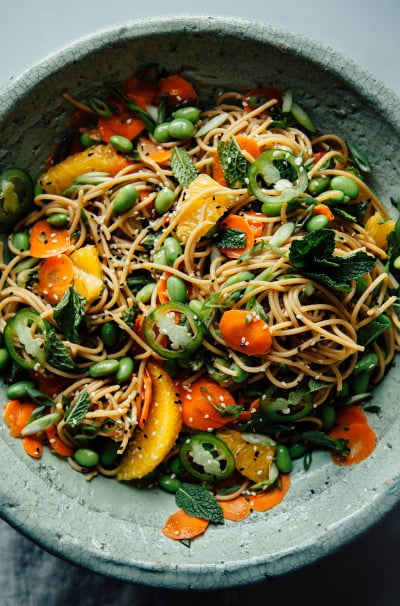Cold Ginger Noodle Salad with Mint, Edamame & Orange