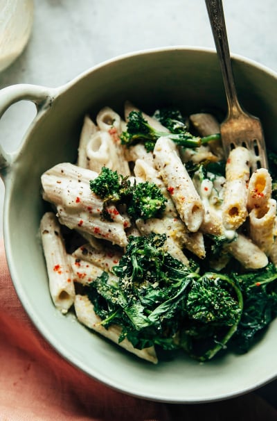 Creamy Truffle Pasta with Balsamic-Roasted Broccoli Rabe