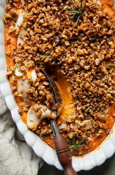 Vegan Sweet Potato Casserole with Apples & Crunchy Rosemary Walnuts