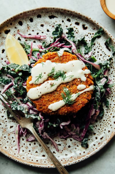 Sweet Potato Cake Patties with Lemony Slaw