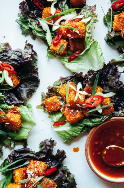 Crispy Coconut Tofu Lettuce Wraps with Sweet Chili Sauce