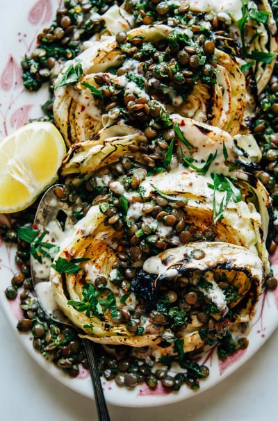 Grilled Cabbage Steaks with Jalapeño Chimichurri Lentils & Maple Mustard Tahini
