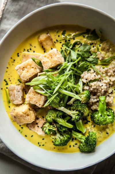 Golden Coconut Broth Bowls with Crispy Tofu