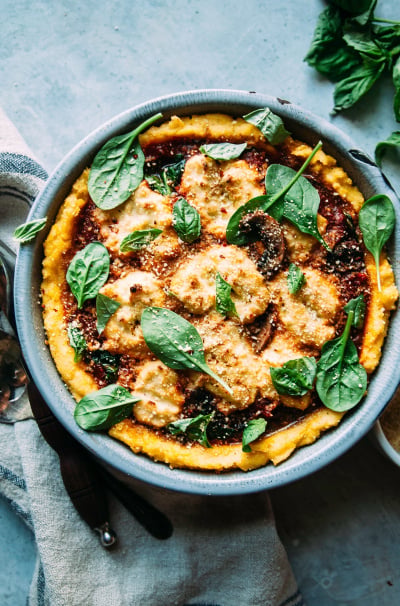 Spinach & Mushroom Polenta Pie with Almond Ricotta