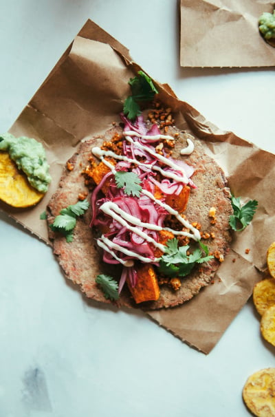 Sweet Potato Pecan Tacos with Homemade Cassava Tortillas, Quick-Pickled Cabbage & Cashew Sour Cream