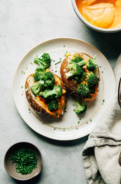 Salt-Baked Potatoes with Cheesy Roasted Red Pepper Sauce & Broccoli