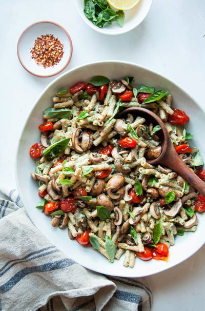 Basil Tahini Pasta with Mushrooms & Burst Tomatoes