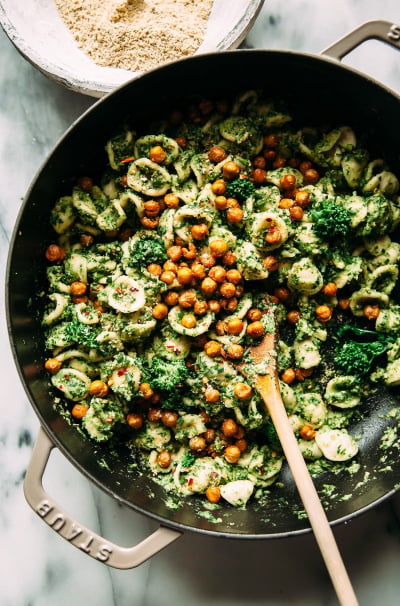 Broccoli Rabe and Chive Pesto Orecchiete, Sunflower “Parm” & Smoky Chickpeas