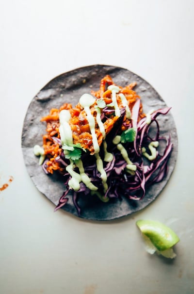 Sticky Sweet Potato Tacos with Avocado Cilantro Sauce