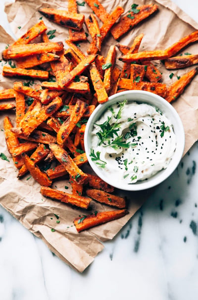 Crispy Baked Sweet Potato Fries with Roasted Garlic Tahini Yogurt Dip