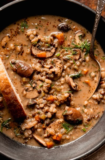 Creamy Mushroom Barley Soup with Lentils & Dill (Vegan)