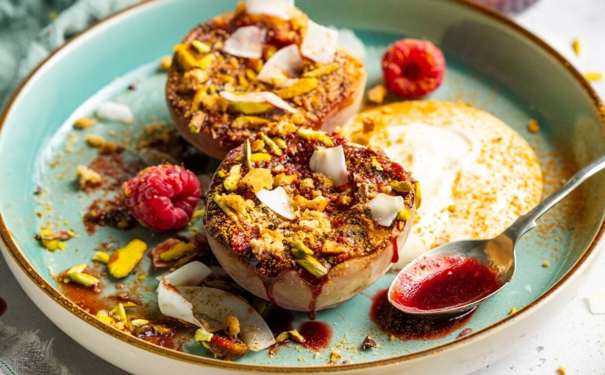 Grilled Peaches With Raspberry Glaze And Coconut Cream