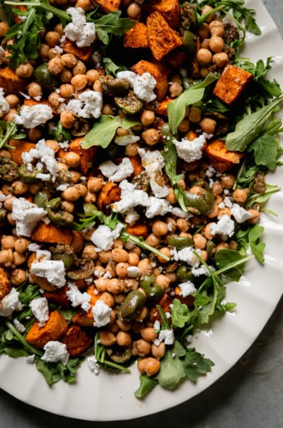 Roasted Sweet Potato Salad with Warm Olive & Chickpea “Dressing (Vegan)