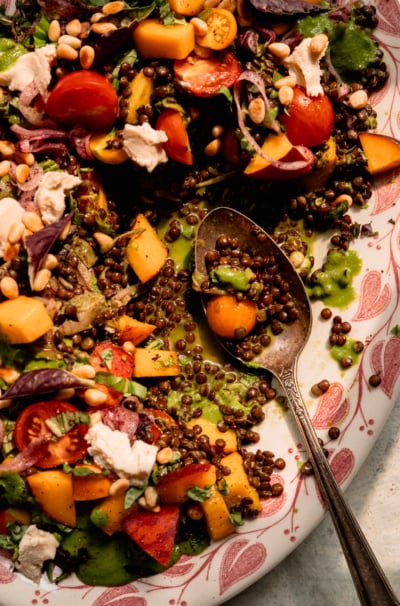 Juicy Black Lentil Salad with Peaches, Tomatoes & Fresh Basil Vinaigrette