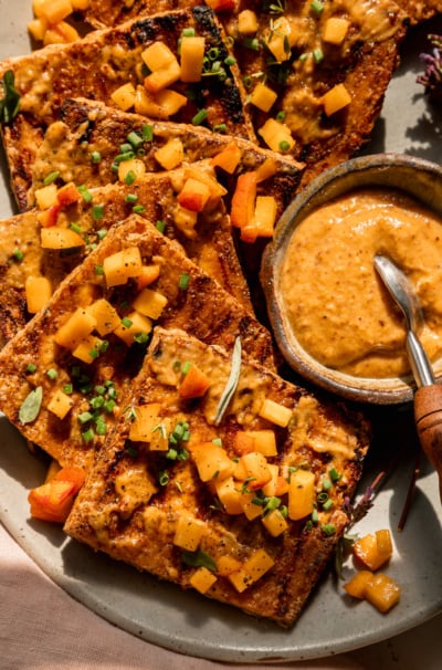 Grilled Tofu with Peach, Almond Butter & Miso Sauce