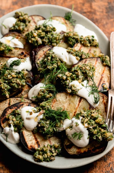Grilled Japanese Sweet Potatoes with Dill Pickle Salsa Verde