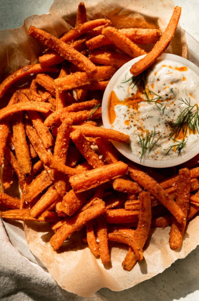 Sheet Pan Roasted Carrot Fries with Garlicky Yogurt Dip