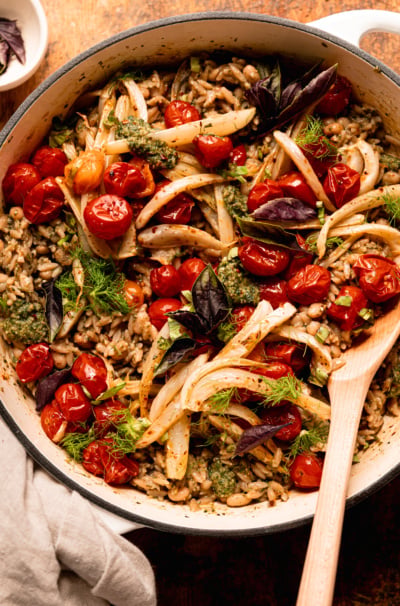 Pesto Orzo with Roasted Cherry Tomatoes, Fennel & White Beans (Vegan)