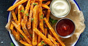 These crispy sweet potato fries with spicy dip are impossible to resist