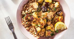 Vegan Miso-Tahini-Glazed Roasted Eggplant with Farro Recipe