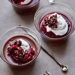 Vegan Chocolate Mousse With Candied Cacao Nibs and Cherry Compote