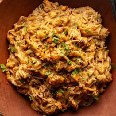 Spicy Peanut Vermicelli with Soy Curl “Chicken” (20-Minute Meal)