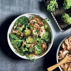 Vegan Creamy Pasta With Fried Mushrooms and Brussels Sprouts