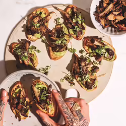Crispy Herb-Roasted Maitake Vegan Crostini With Walnut Pesto Aioli