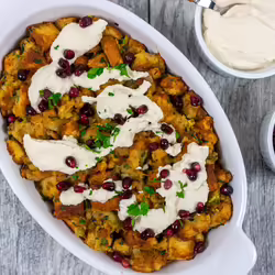 Vegan Pomegranate Stuffing With Lemon-Cashew Cream Sauce