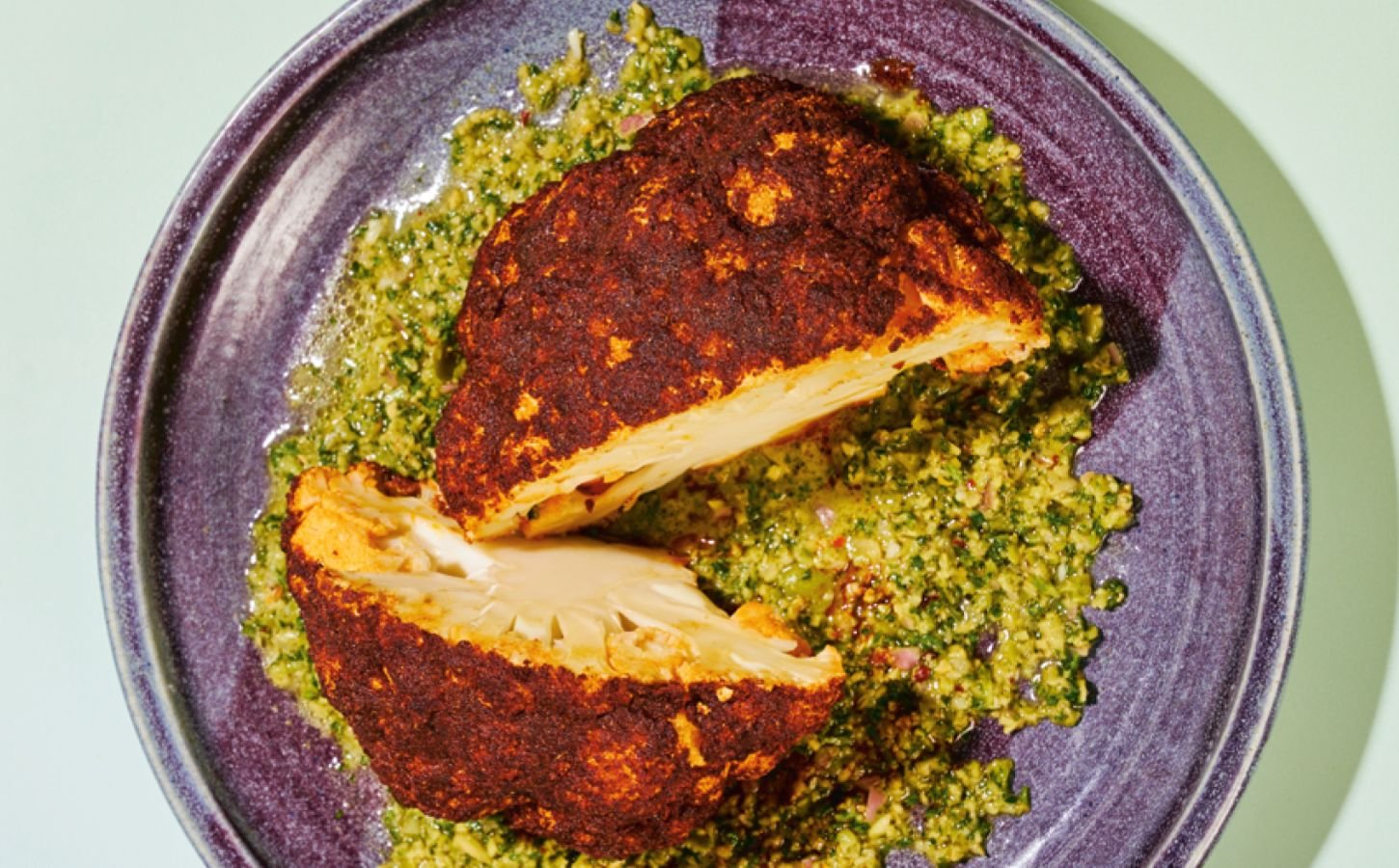 Whole Roasted Cauliflower With Green Olive Dressing
