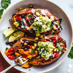 Vegan Black Bean-Stuffed Sweet Potatoes With Coconut Sour Cream and Guacamole