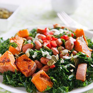 Massaged Kale Salad with Sweet Potatoes and Pumpkin Seed Dressing